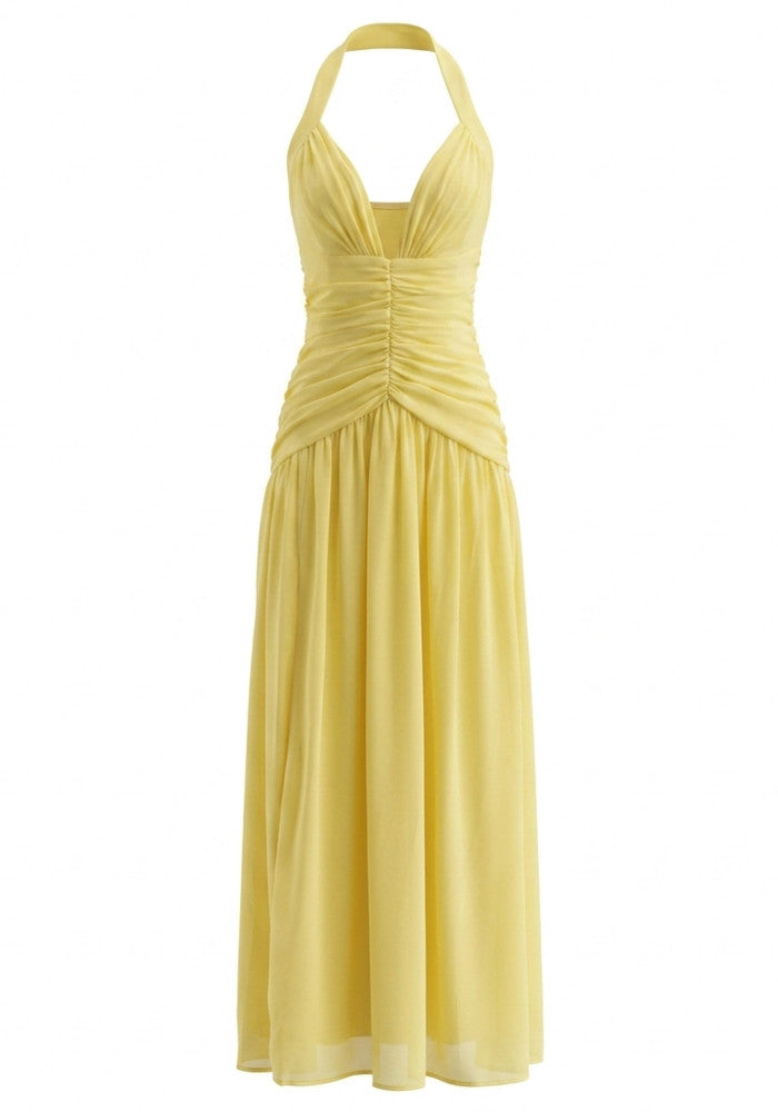 Halter Corset A Line Maxi Dress Yellow