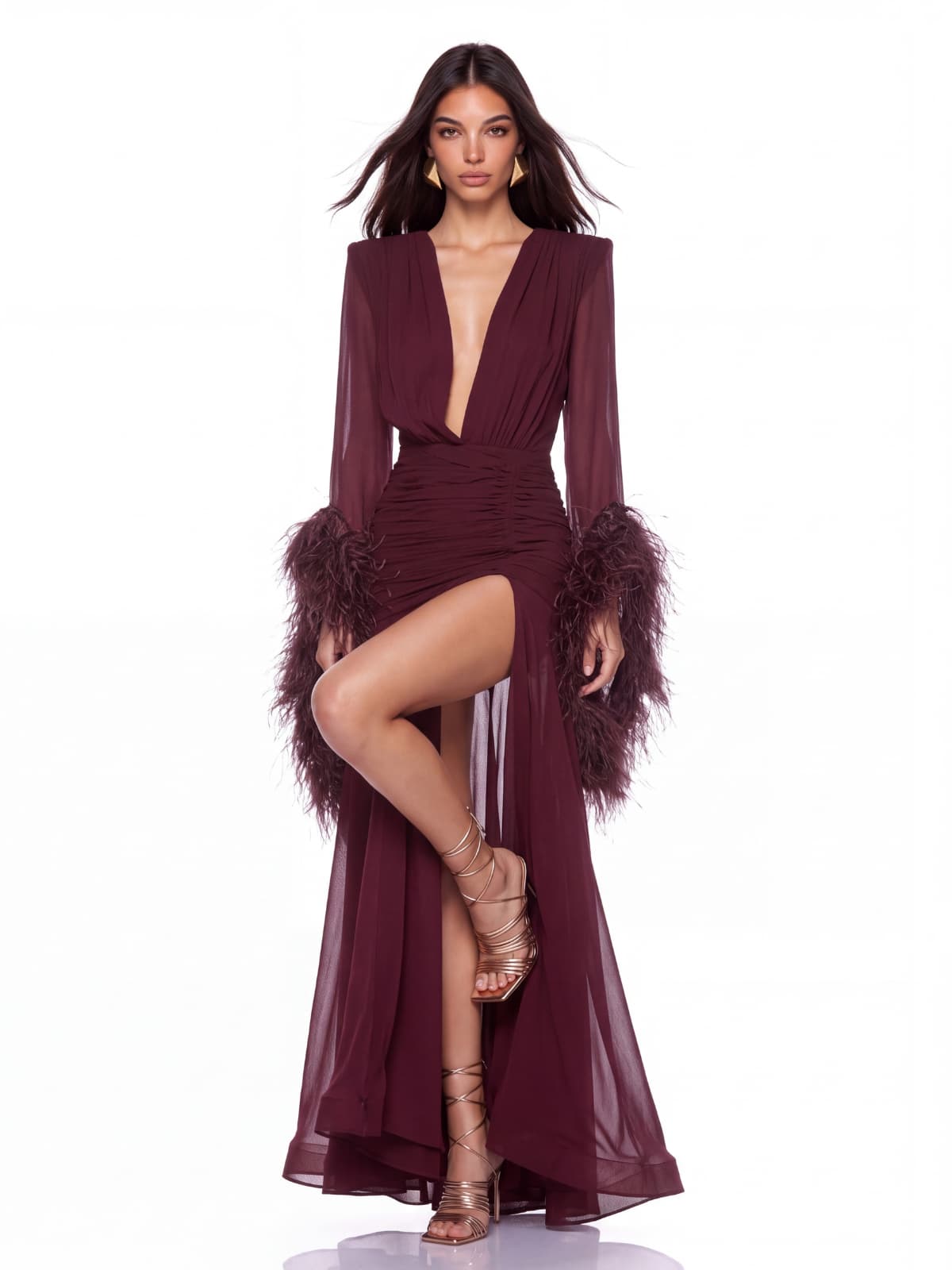 Neck Ruched Split Maxi Dress In Wine