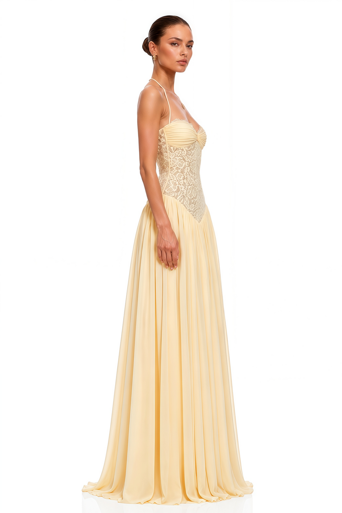 Yellow Halterneck Lace Corset Maxi Dress