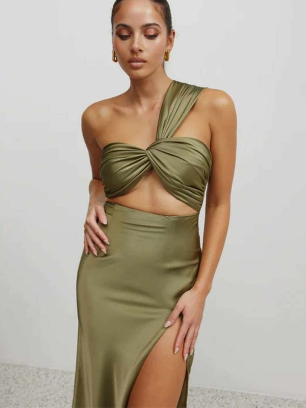 Twist-Front Satin Halter Maxi Dress with High Slit.