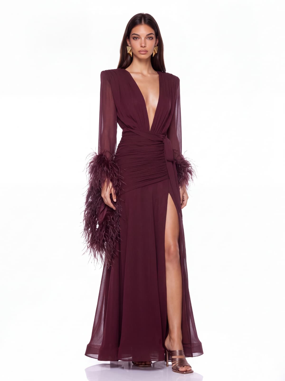 Neck Ruched Split Maxi Dress In Wine