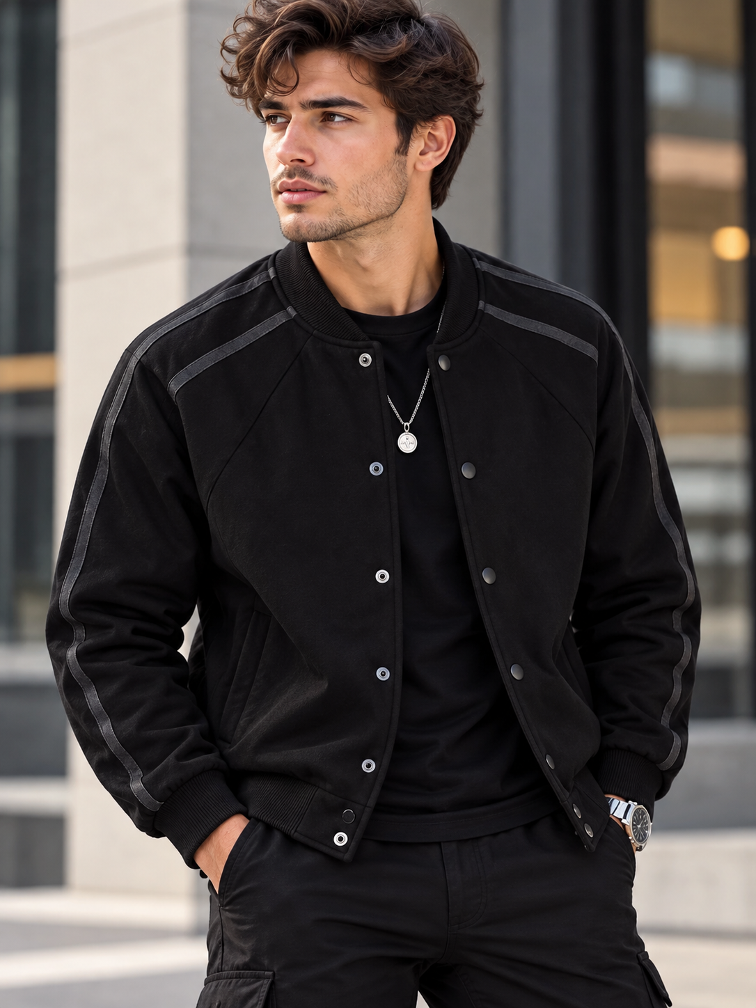 Men's Full Size Side Striped Snap-Button Jacket Plus Size
