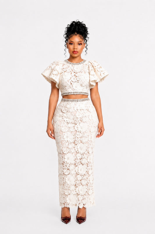 Crystal Floral Crochet Two Piece Maxi Dress Ivory