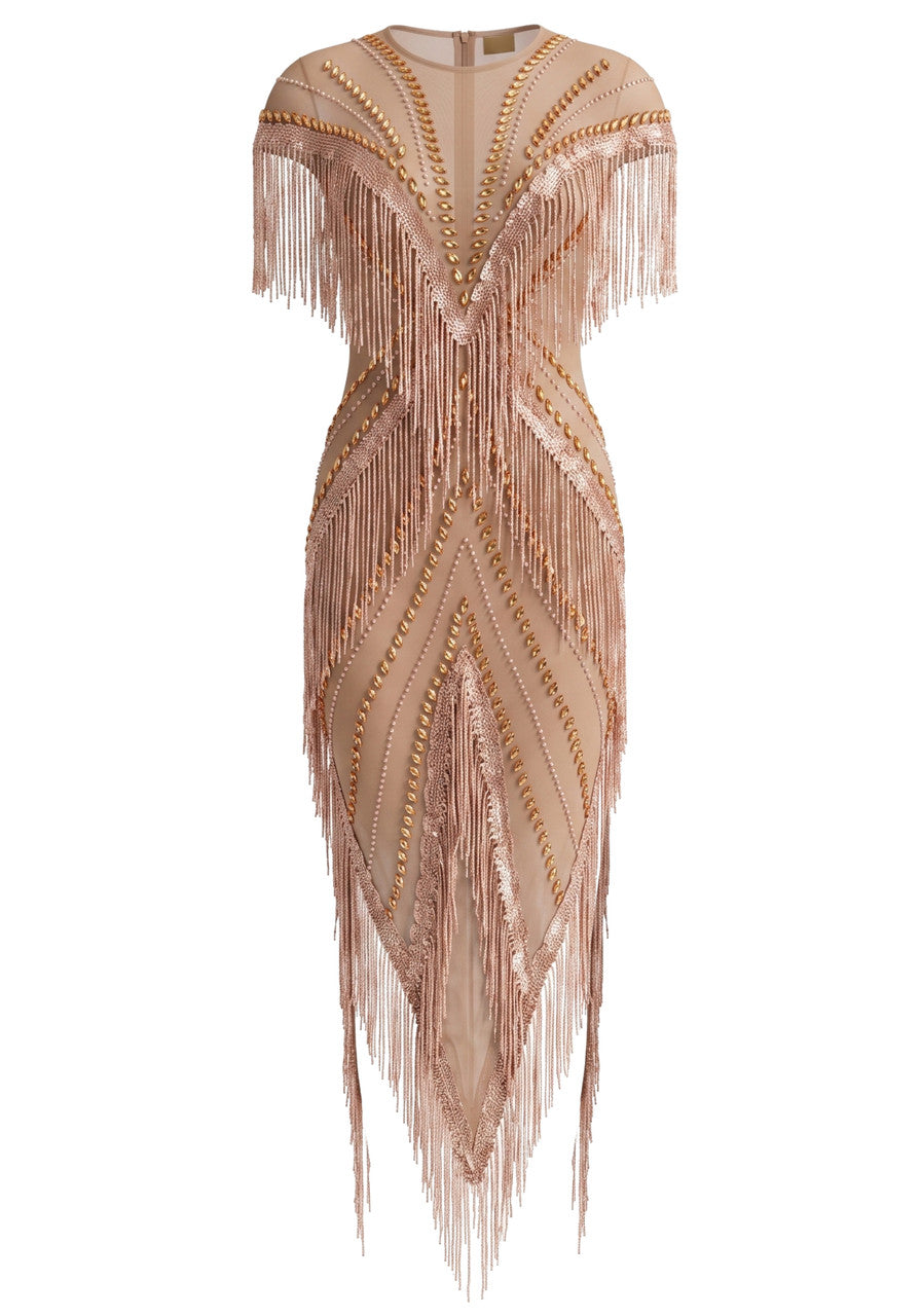 Crystal Tassel Mesh Maxi Dress Nude