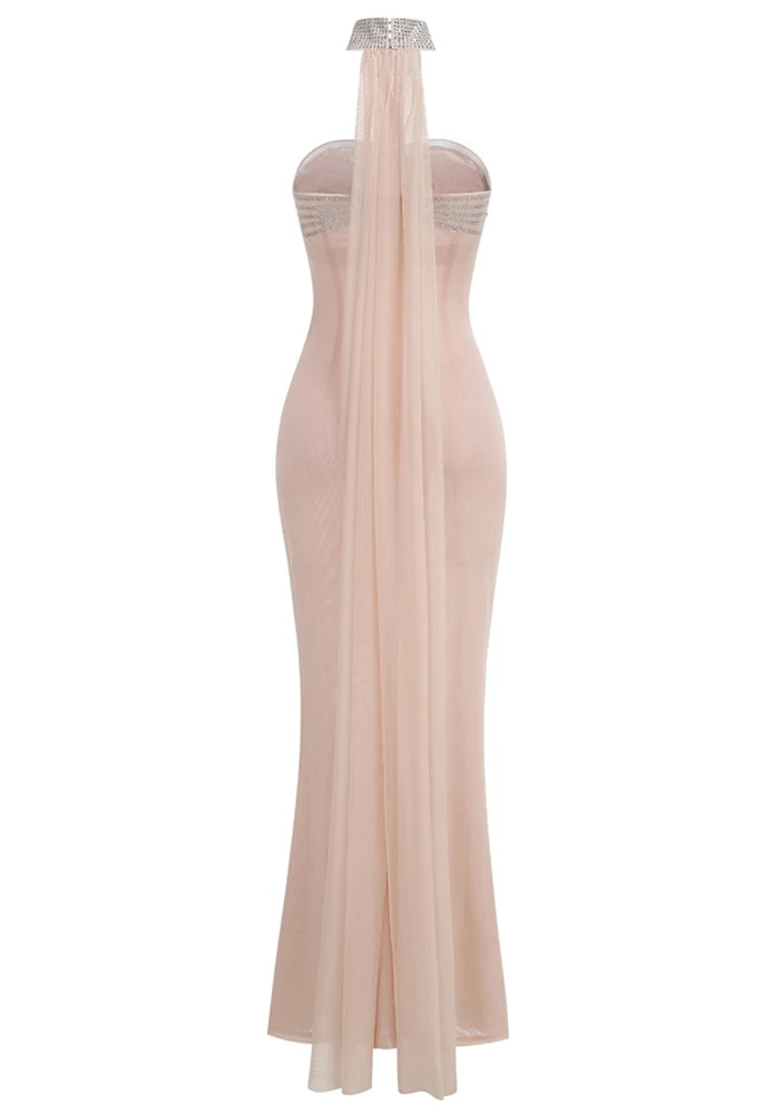 Strapless Crystal Draped Maxi Dress Nude