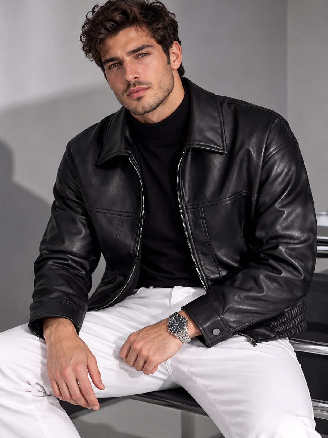 Men's Plus Size Classic Black Faux Leather Bomber Jacket