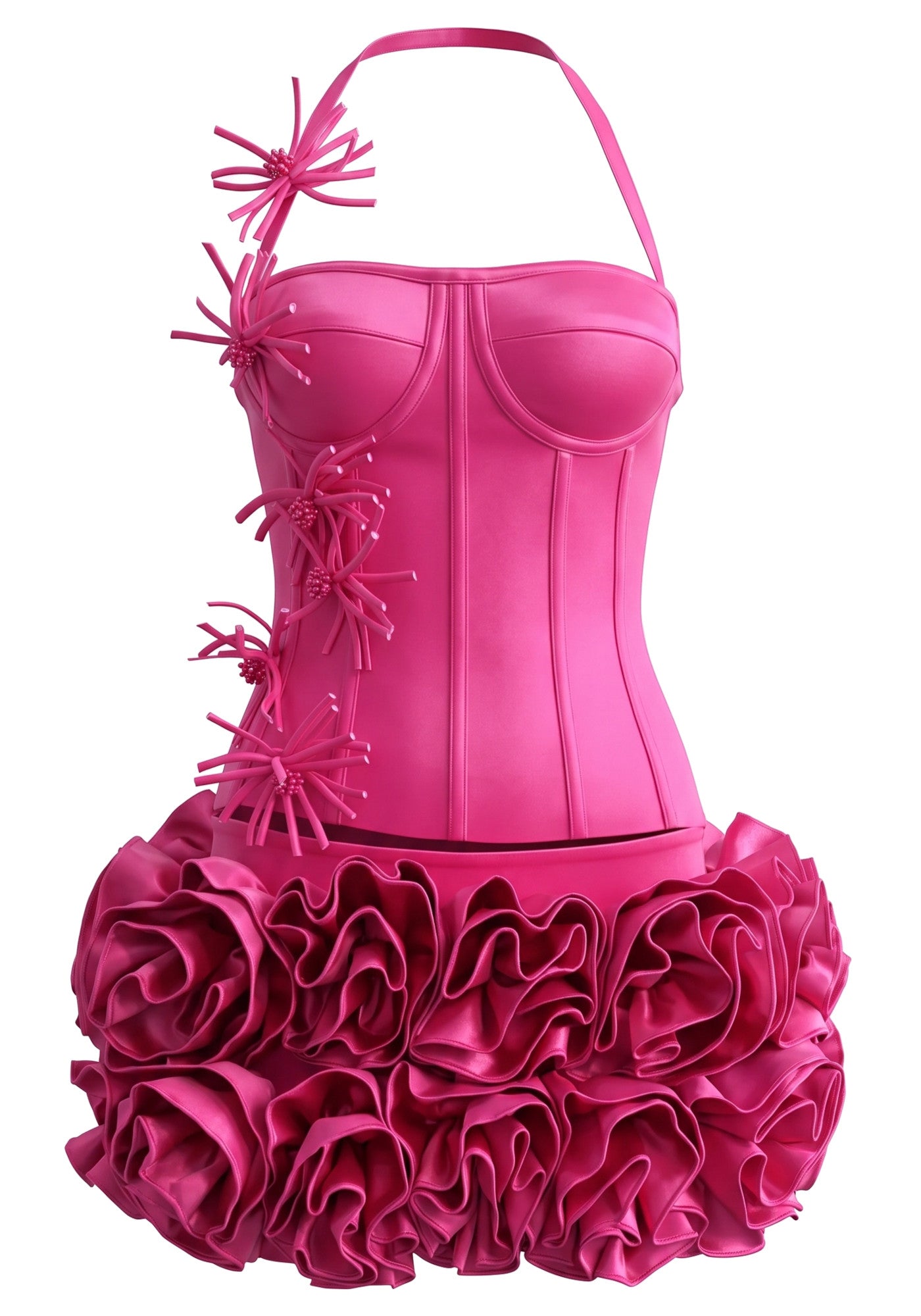 Halter Floral Detail Corset Two Piece Dress Hot Pink