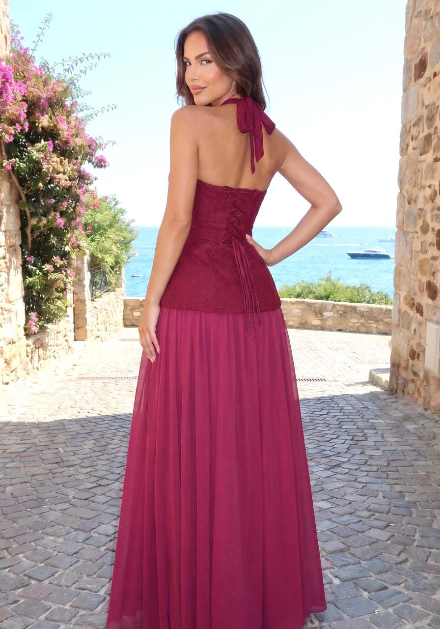 Halter Floral A Line Corset Maxi Dress Burgundy