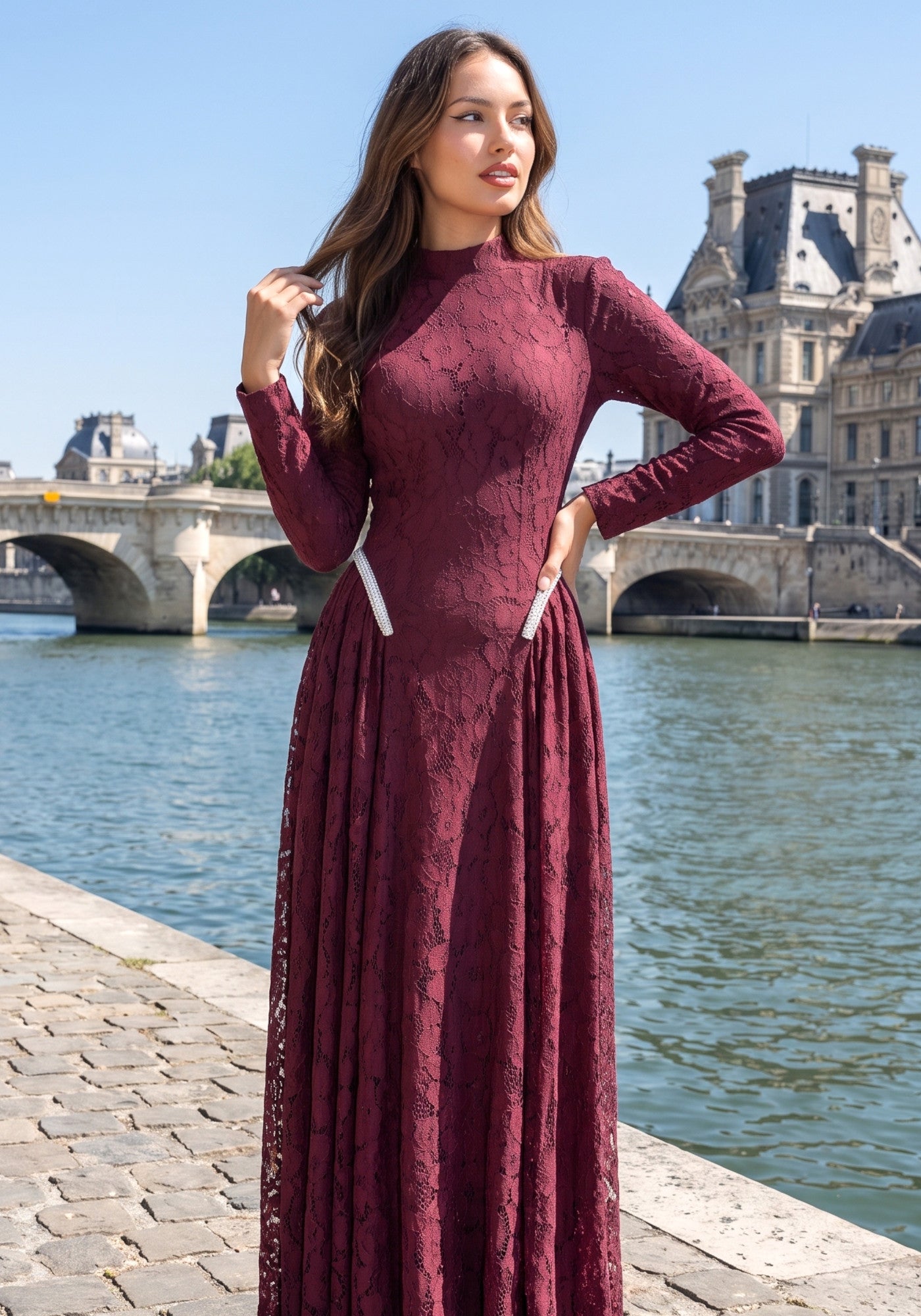 Long Sleeve Crystal Detail A Line Lace Maxi Dress Burgundy