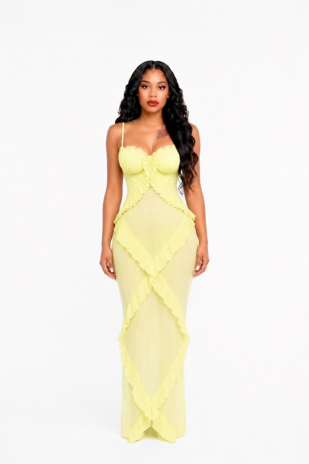 Ruffle Detail Bustier Maxi Dress Yellow