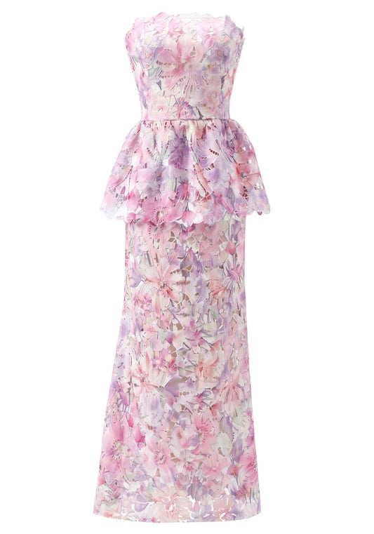 Strapless Floral Peplum Maxi Dress Pink