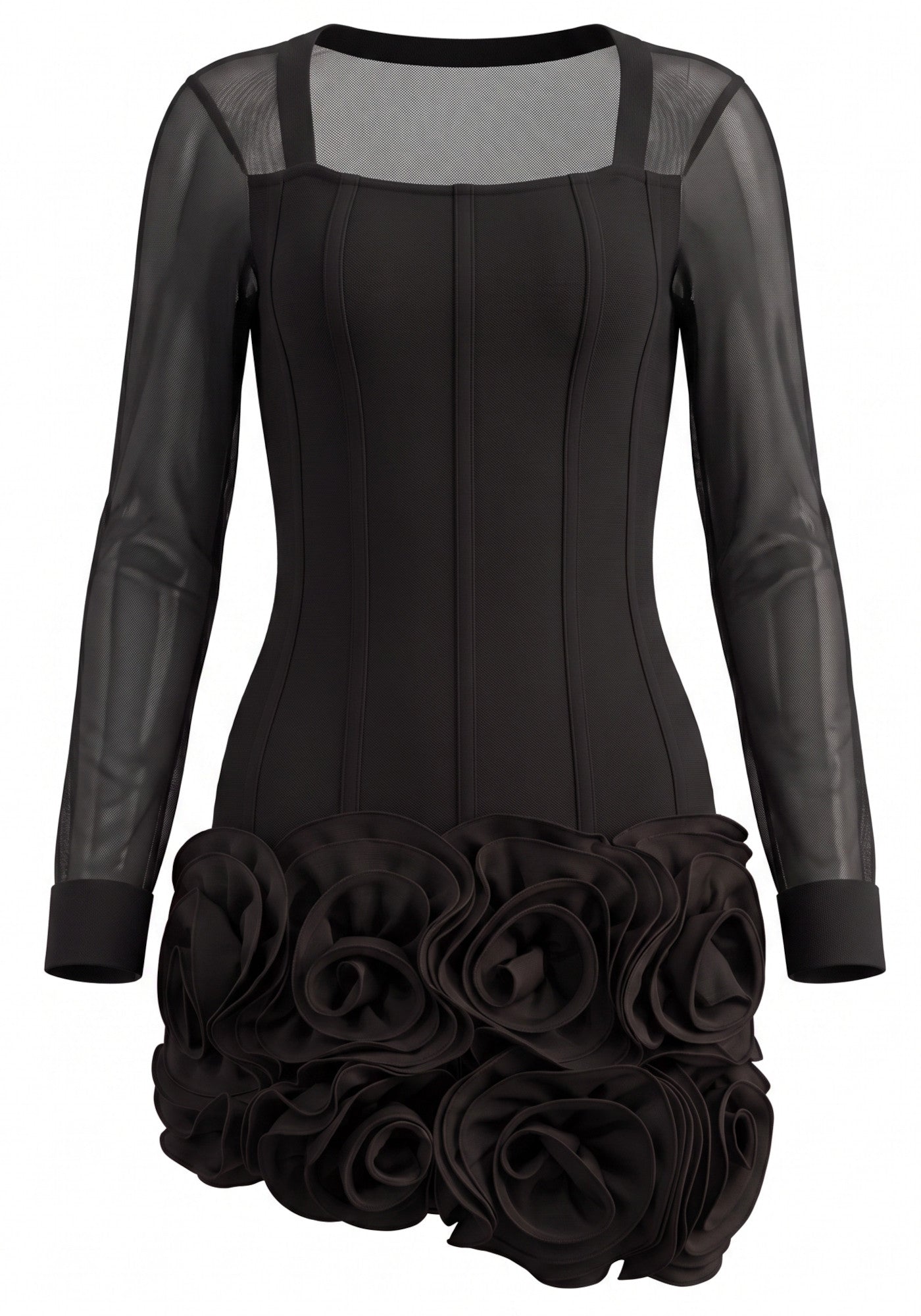 Mesh Long Sleeve Structured Floral Dress Black