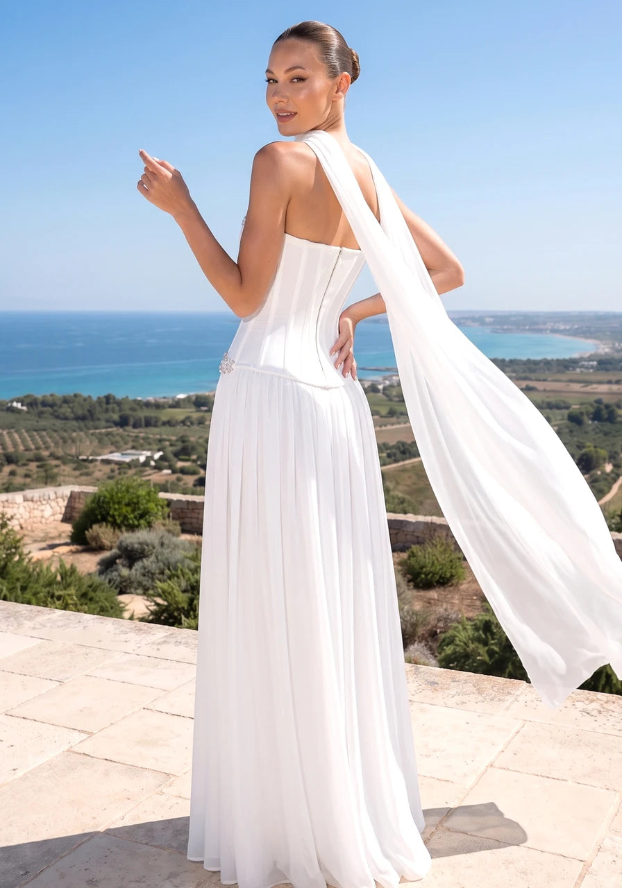 Strapless Embellished Bustier A Line Maxi Dress White