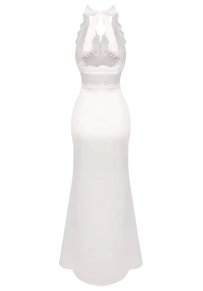 Halter Lace Trim Maxi Dress White