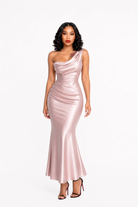 One Shoulder Draped Corset Maxi Dress Pink