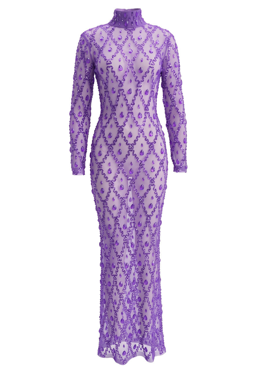 Long Sleeve Embellished Sequin Mesh Maxi Dress Purple
