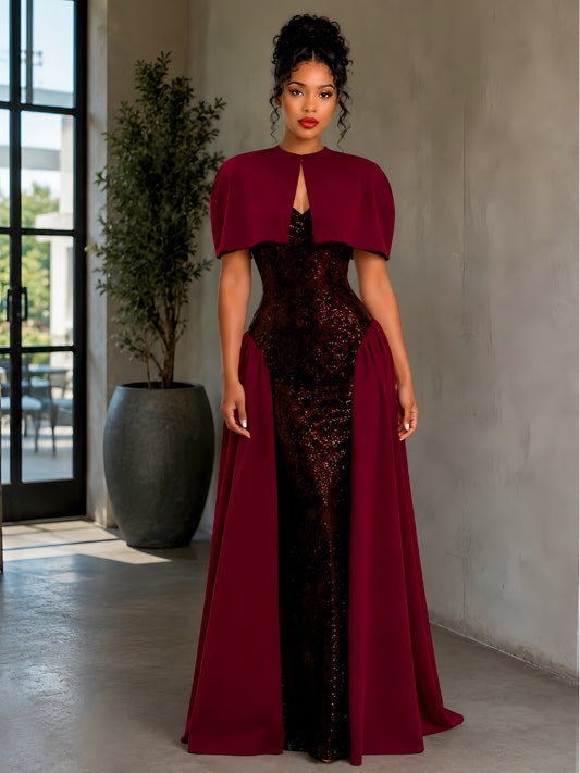Becca Burgundy Sequin Maxi Dress with Cape