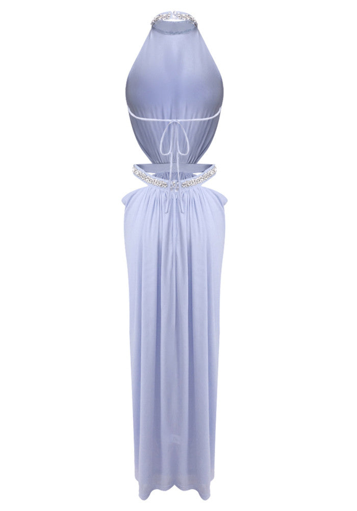 Halter Crystal Draped Backless Maxi Dress Blue