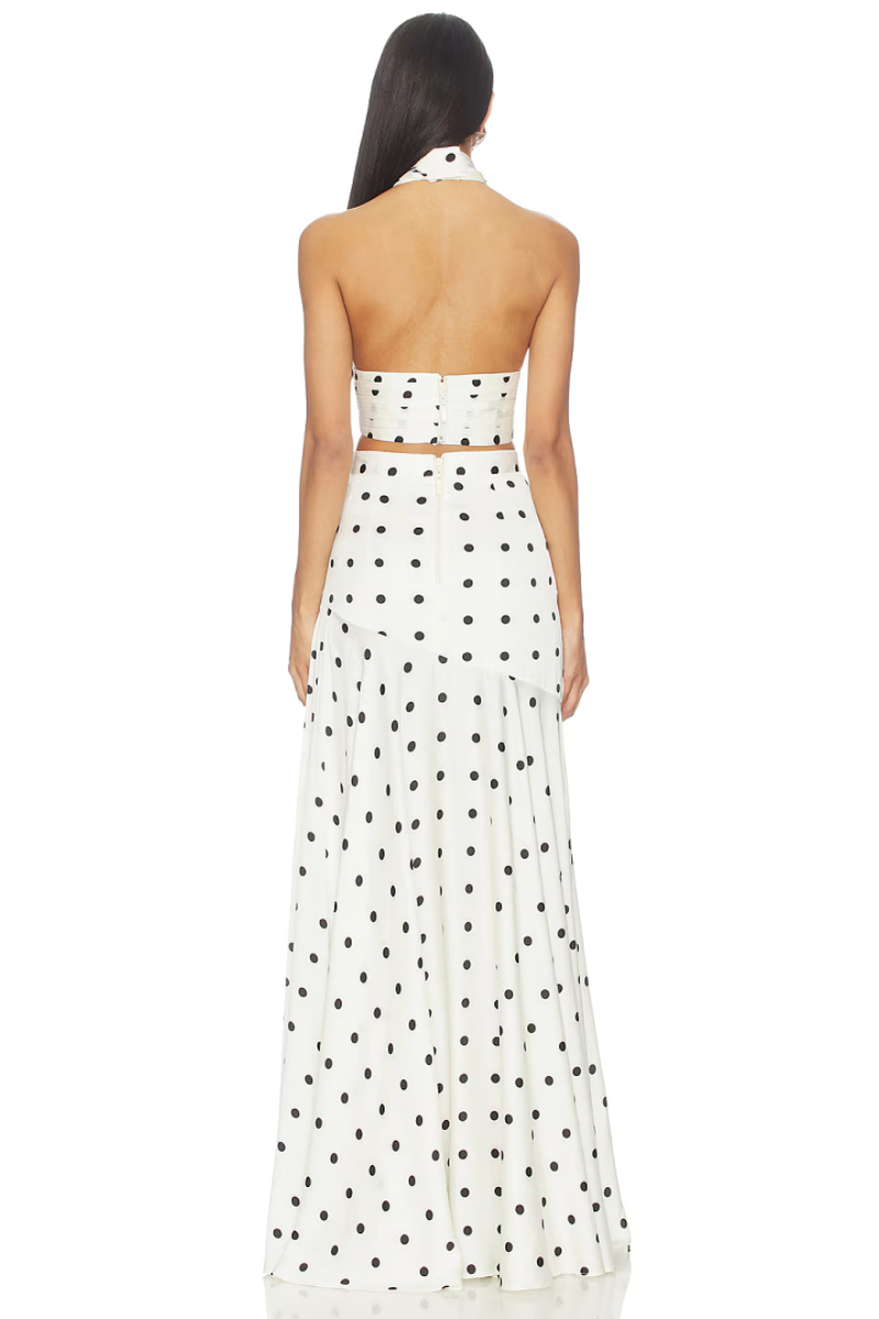 Ivory Polka Dot Halter Top & High-Slit Maxi Skirt Set