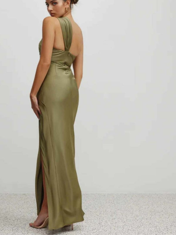 Twist-Front Satin Halter Maxi Dress with High Slit.