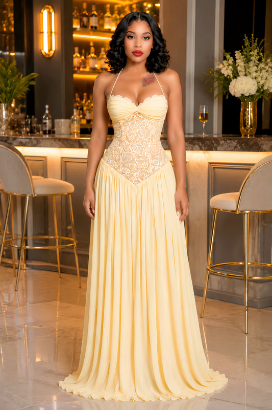 Yellow Halterneck Lace Corset Maxi Dress