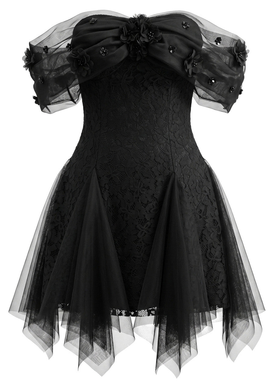 Floral Mesh Bardot Lace Dress Black