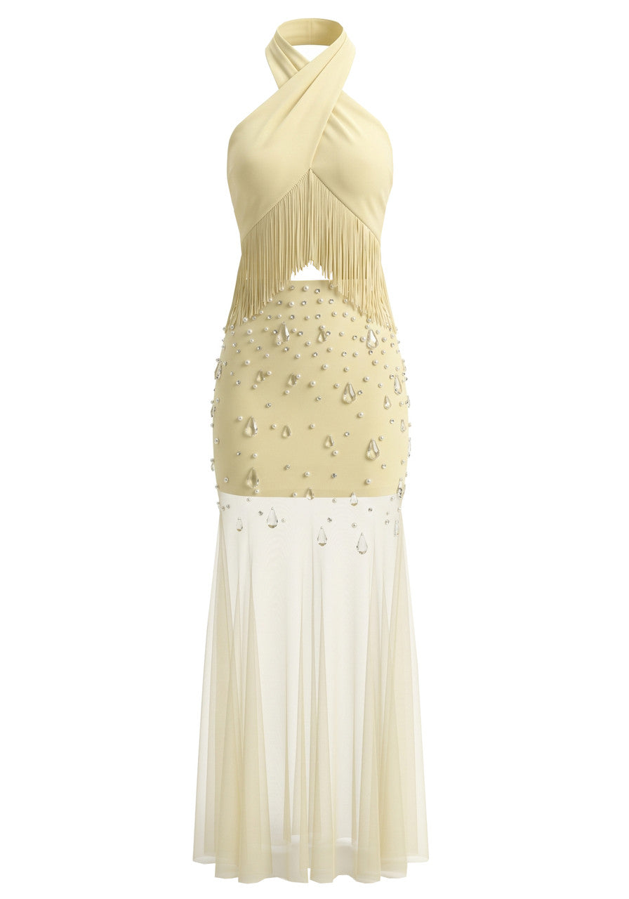 Halter Crystal Tassel Detail Maxi Dress Yellow