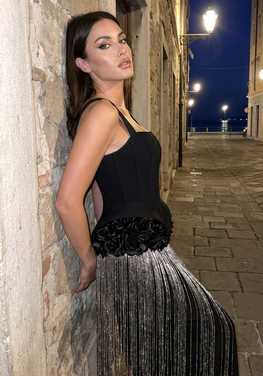 Petal Detail Tassel Maxi Dress Black