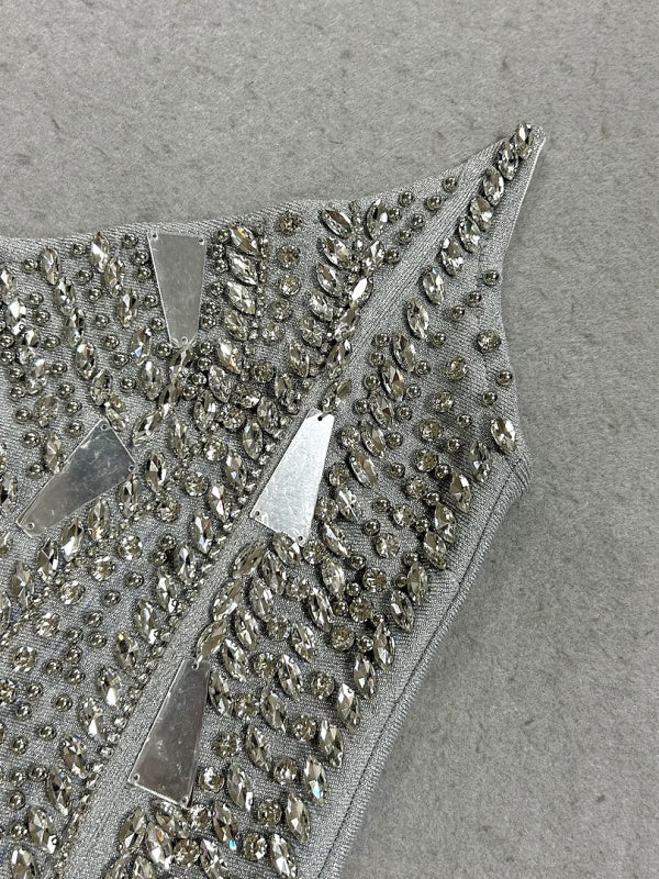 silver crystal fringe gown