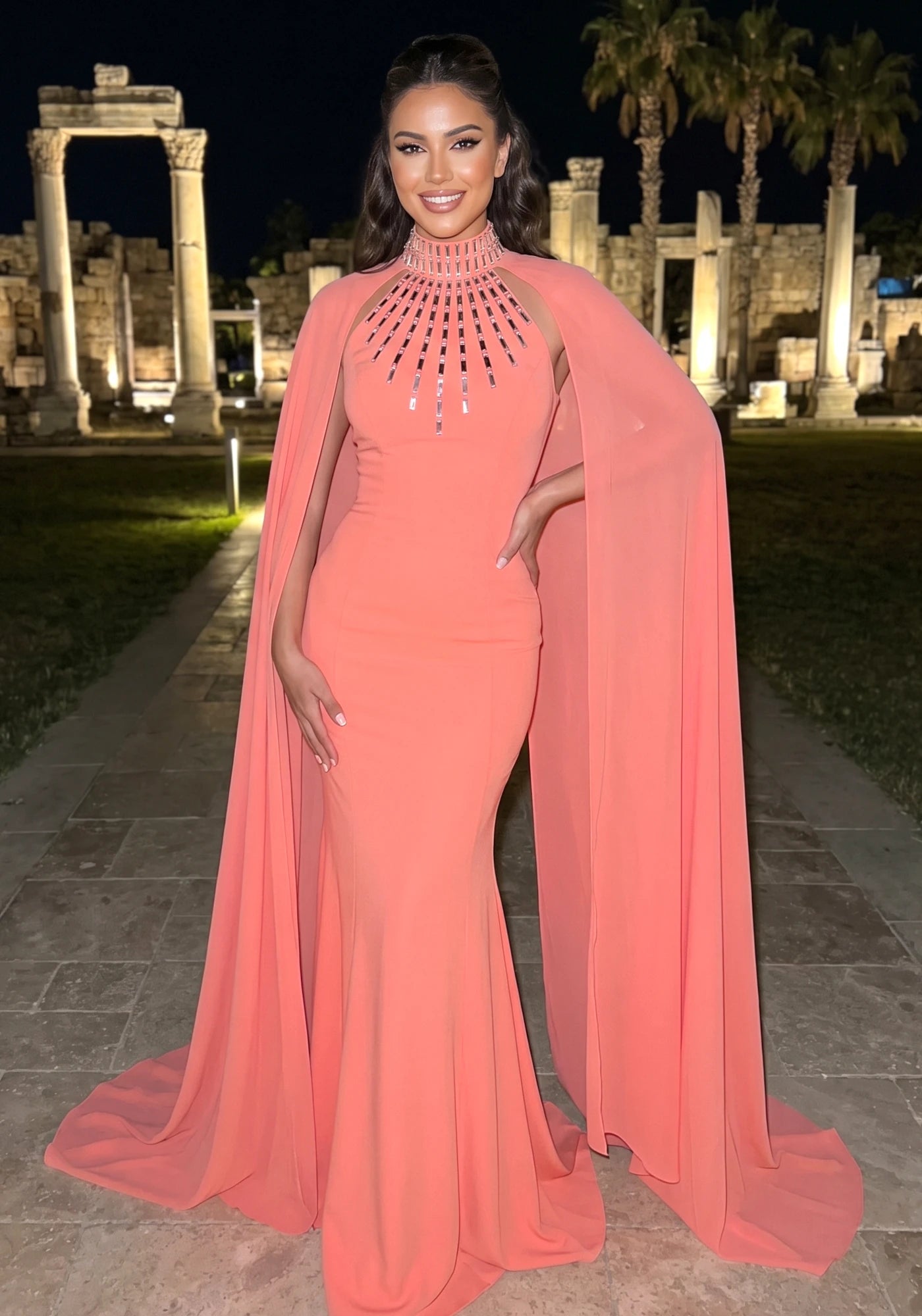Cape Embellished Maxi Dress Coral Red