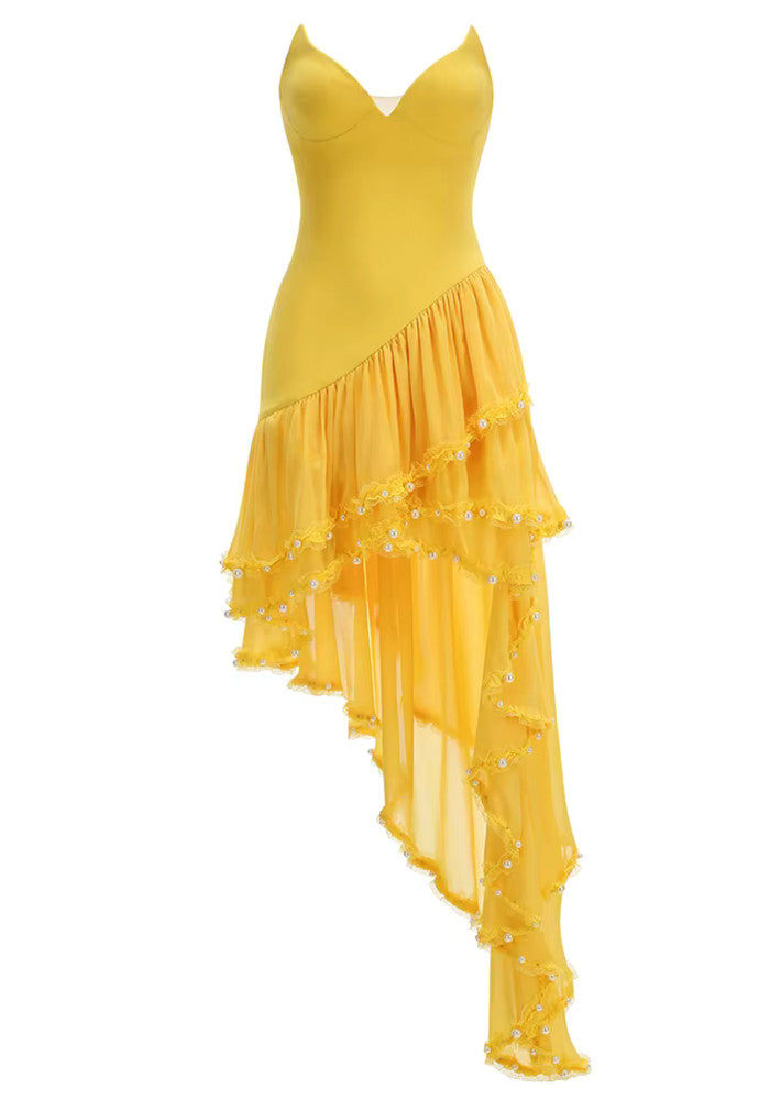 Strapless Embellished Ruffle Maxi Dress Yellow