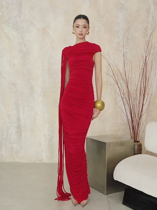 Tassel Detail Draped Maxi Dress red