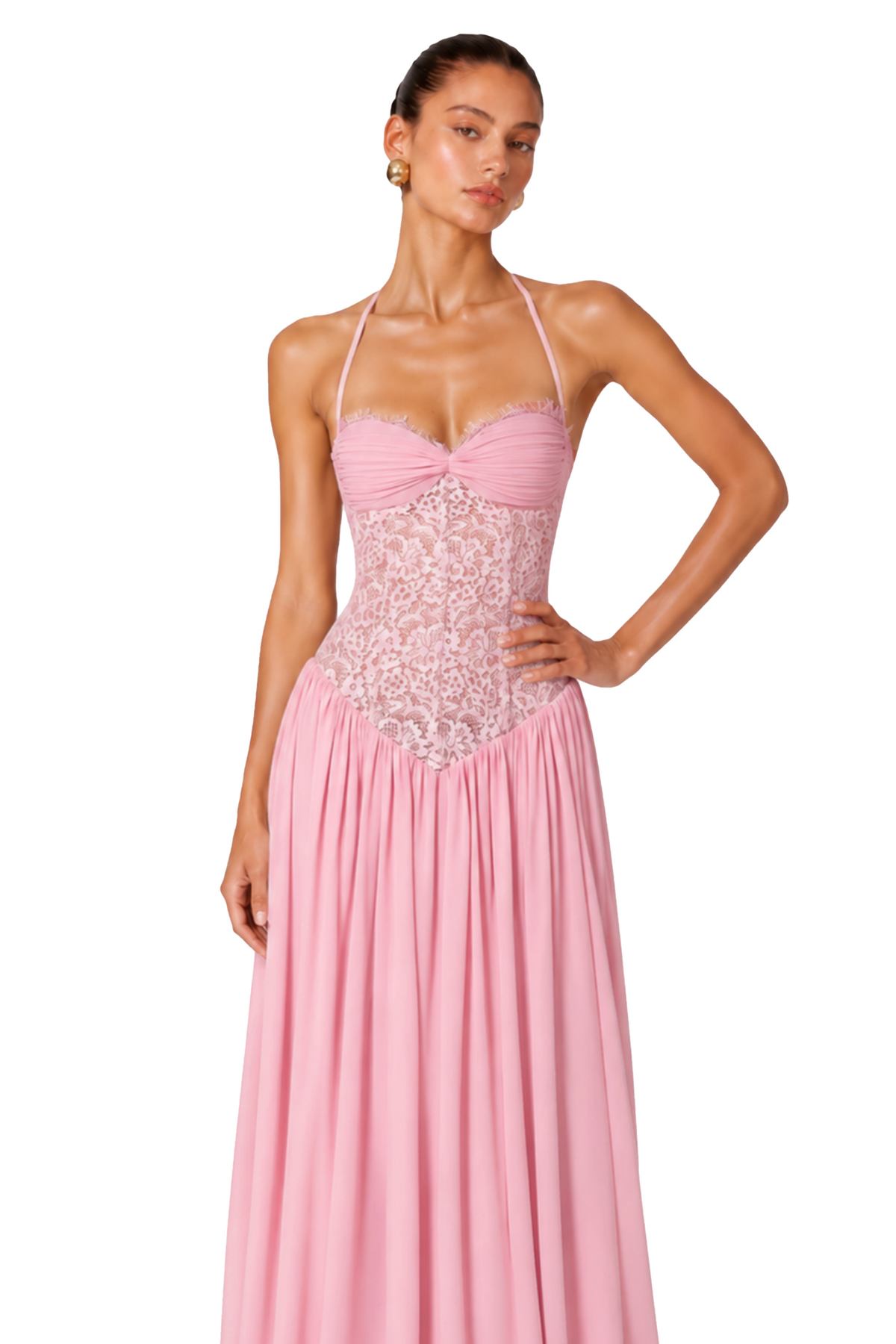 Pink Halterneck Lace Corset Maxi Dress