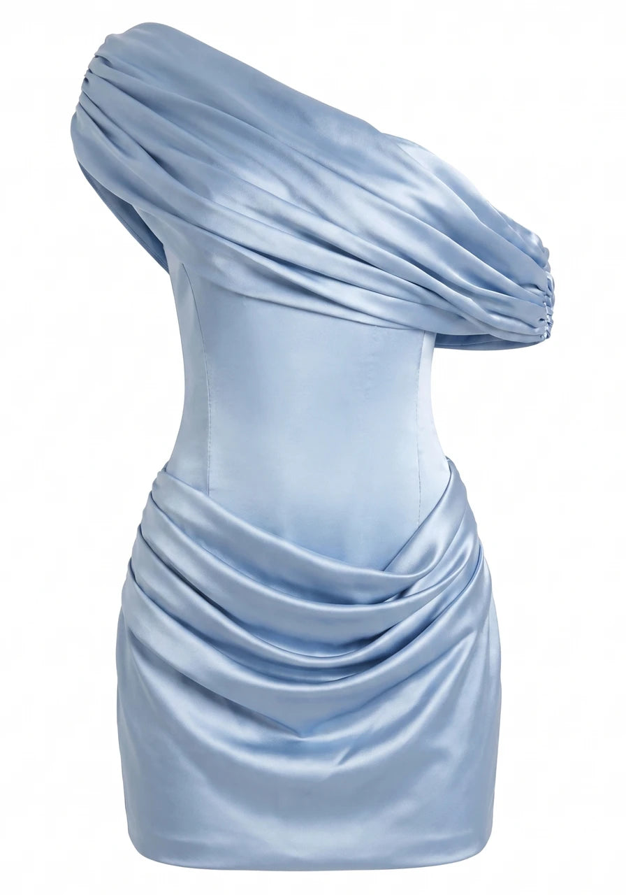 Draped Bardot Corset Dress Blue