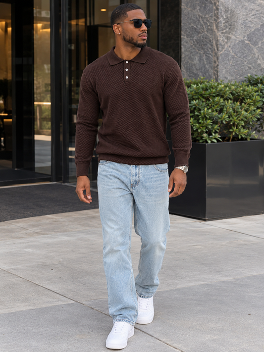 Men's Plus Size Textured Knit Polo Collar Sweater
