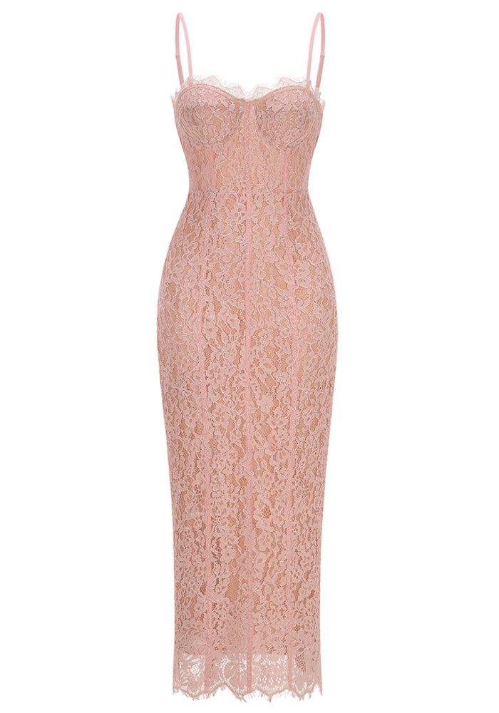 Structured Lace Midi Dress Pink