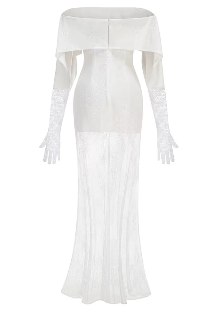 Lace Glove Sleeves Bardot Maxi Dress White