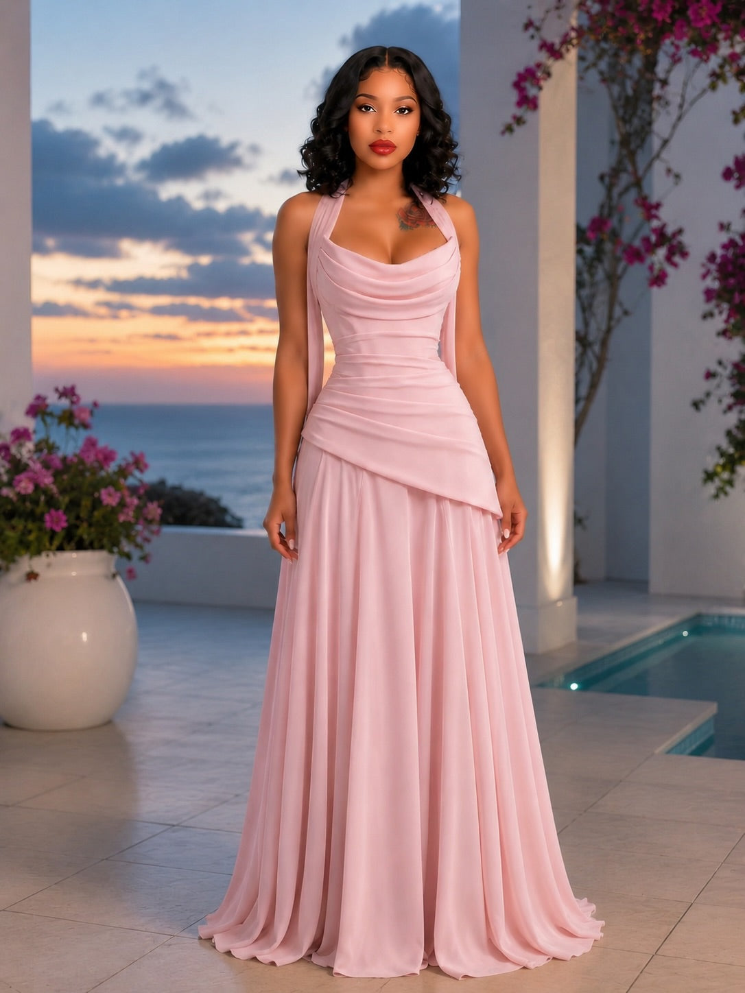Strapless Draped Corset A Line Maxi Dress Pink