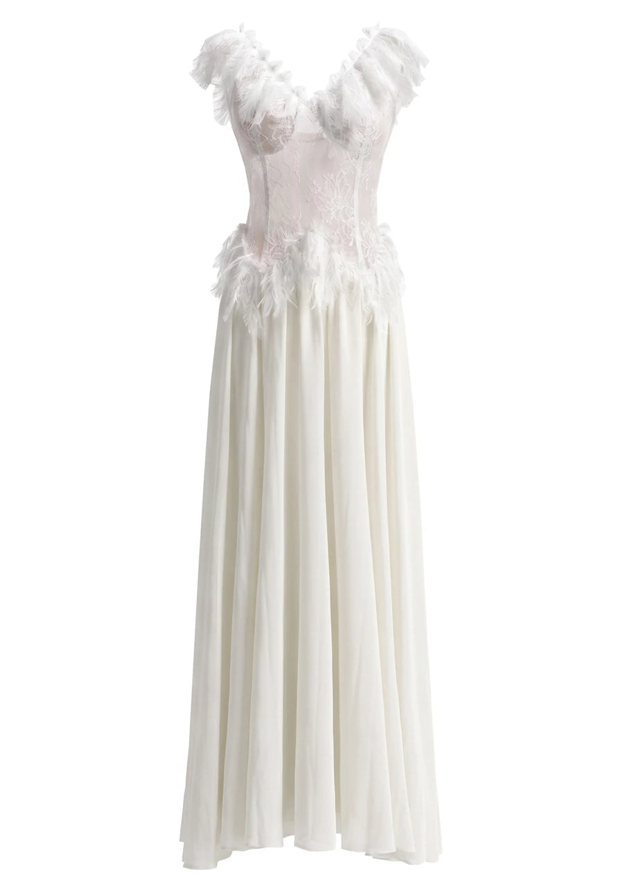 Feather Lace A Line Maxi Dress White