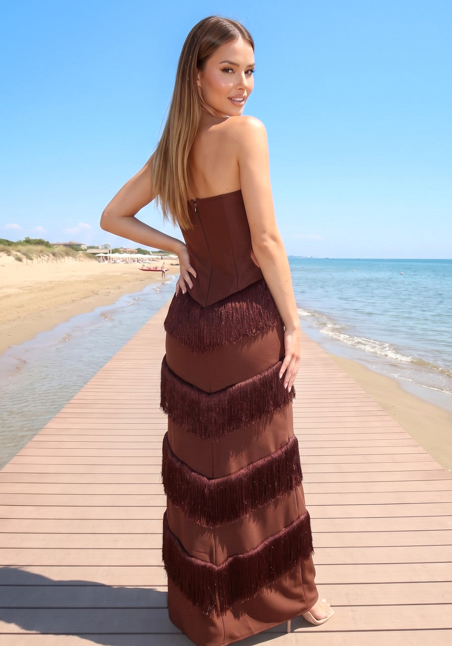 Strapless Tassel Detail Maxi Dress Brown