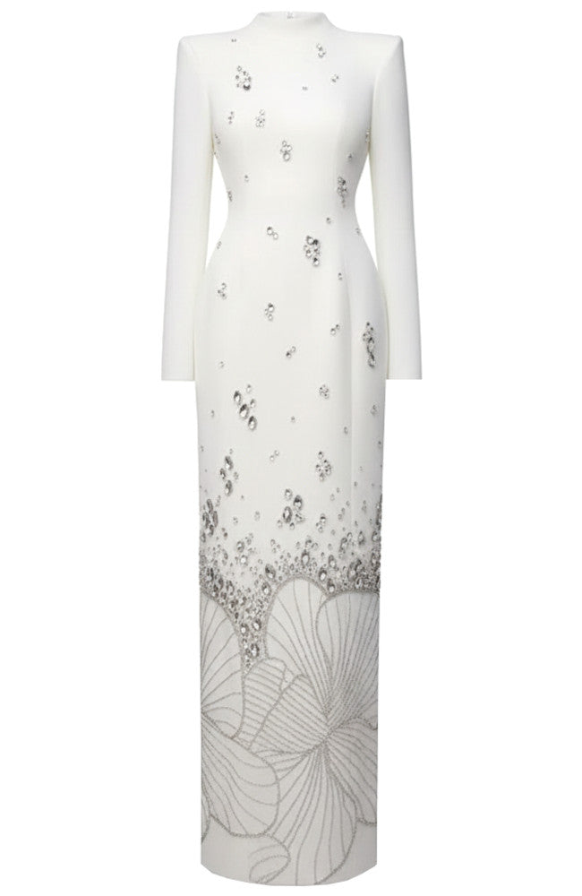 Long Sleeve Crystal Flower Maxi Dress White