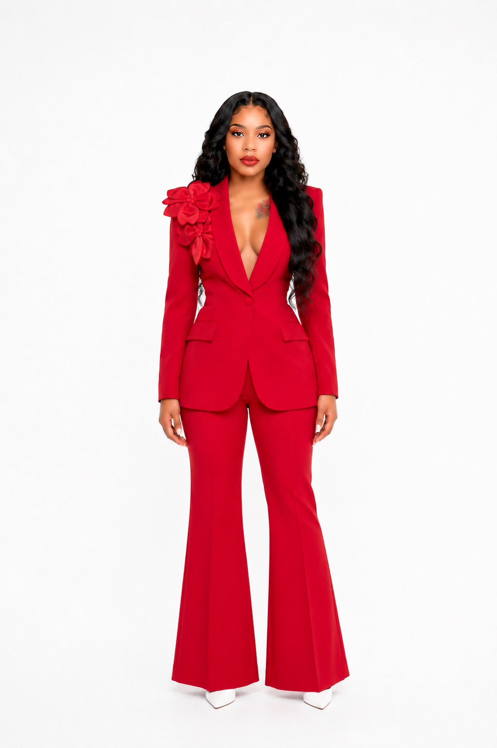 Long Sleeve Floral Detail Suit Red