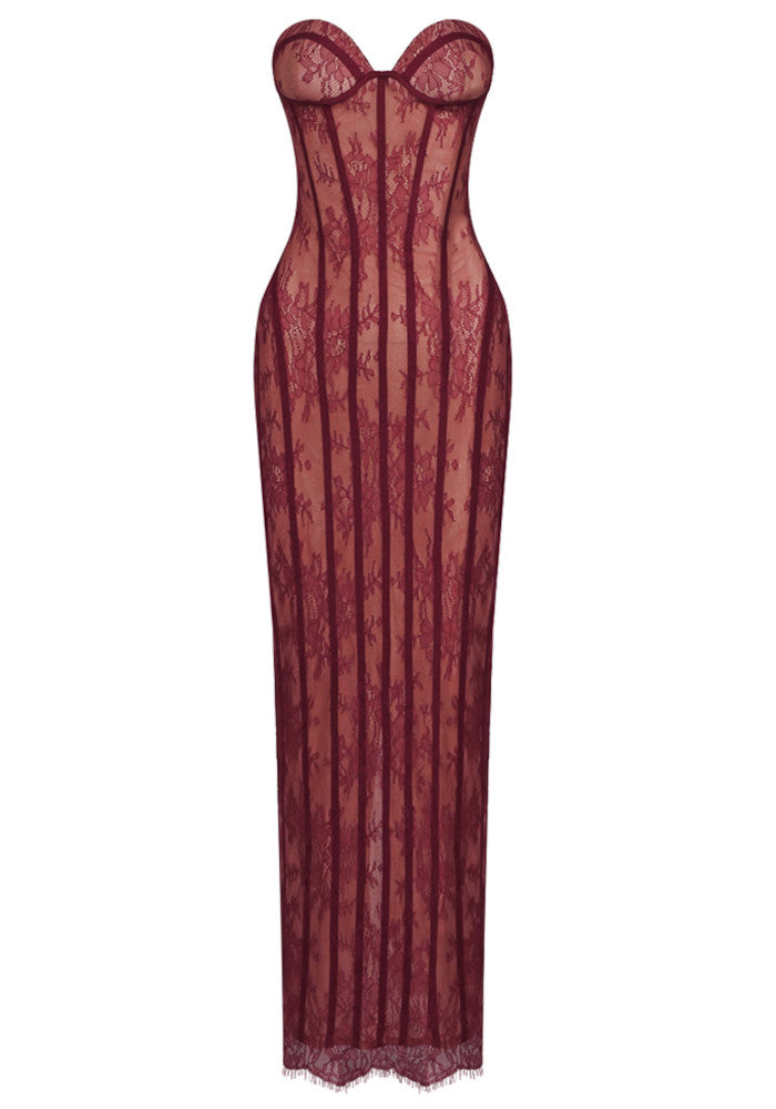 Strapless Lace Corset Maxi Dress Burgundy