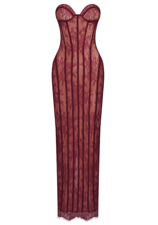 Strapless Lace Corset Maxi Dress Burgundy