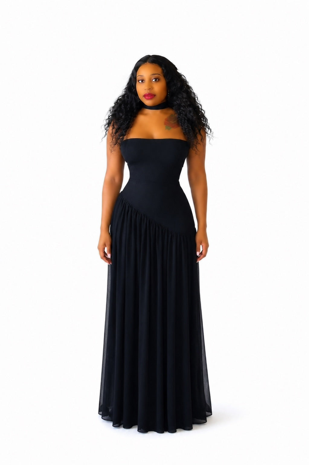 Strapless Scarf A Line Maxi Dress Black