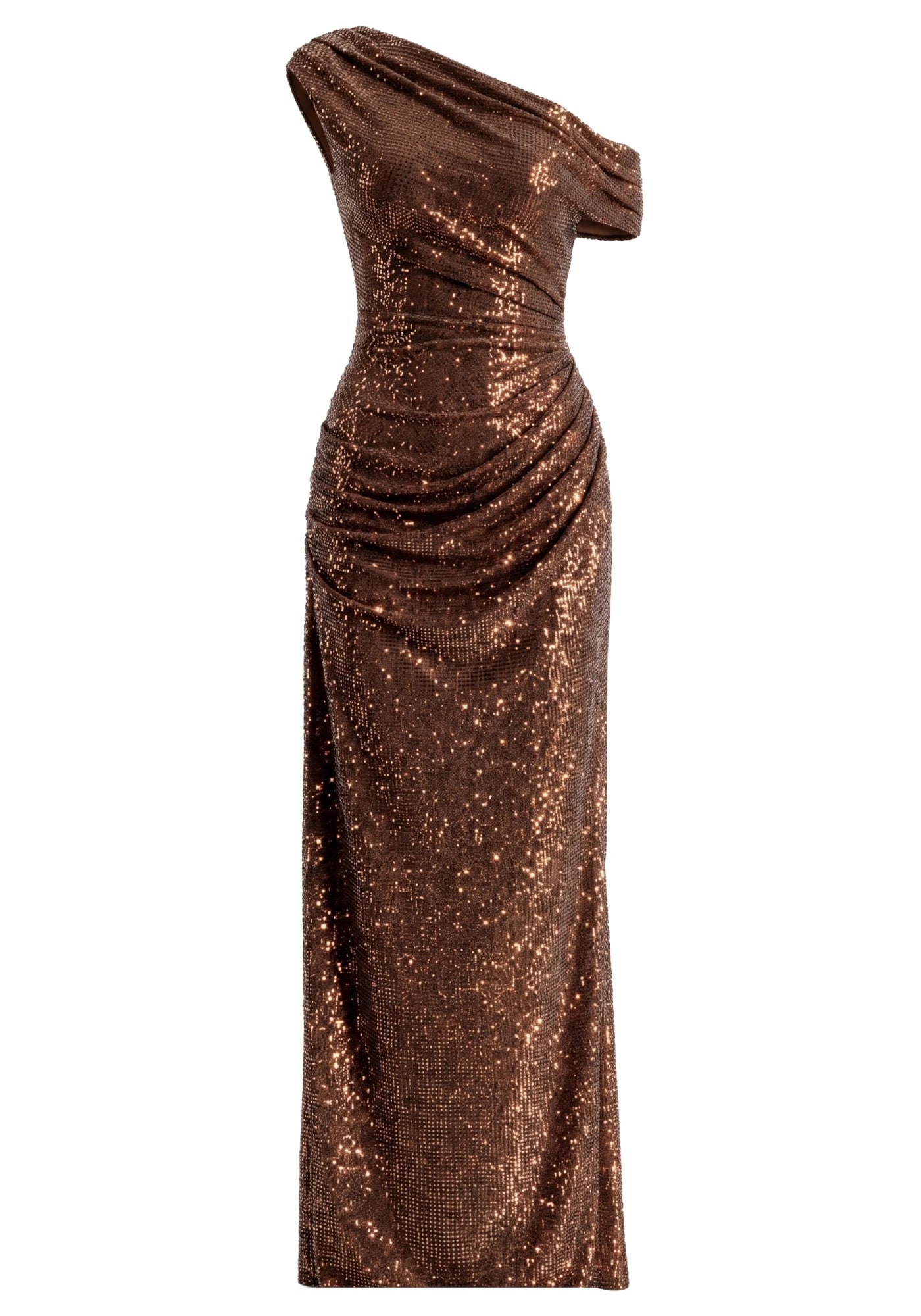 One Shoulder Bardot Embellished Maxi Dress Brown