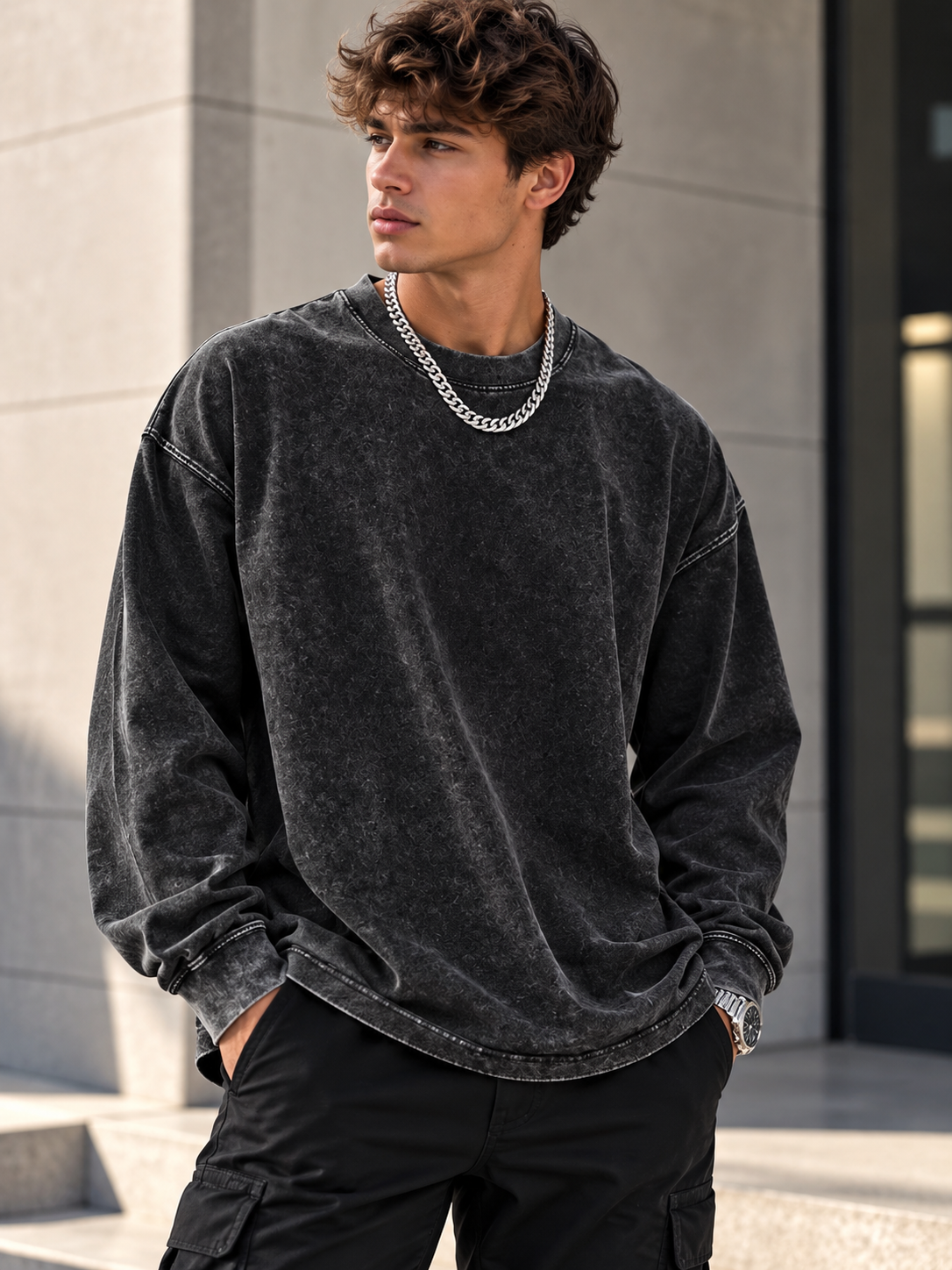 Men's Plus Size Vintage Acid Wash Oversized Long Sleeve T-Shirt