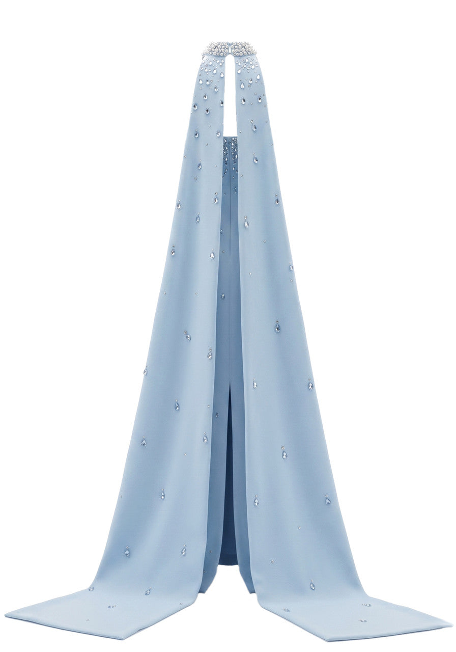 Strapless Crystal Cape Maxi Dress Blue