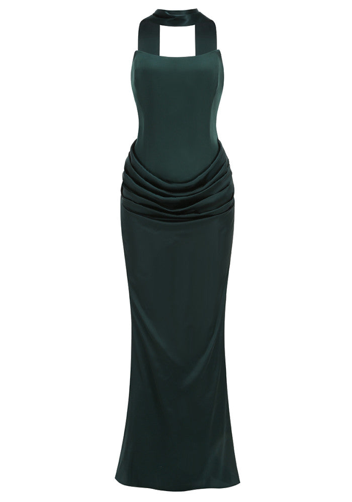 Strapless Draped Corset Maxi Dress Green