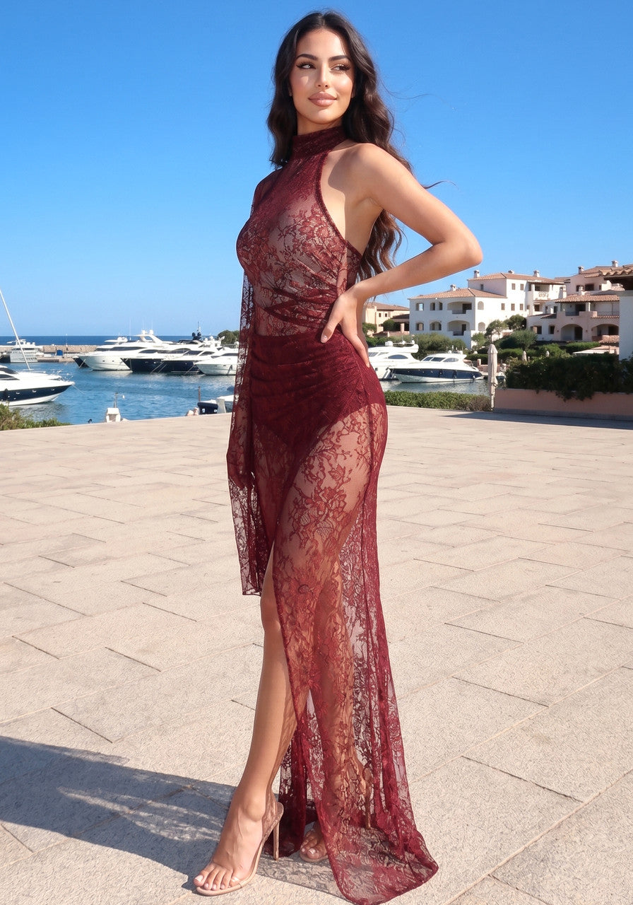 One Shoulder Lace Maxi Dress Burgundy